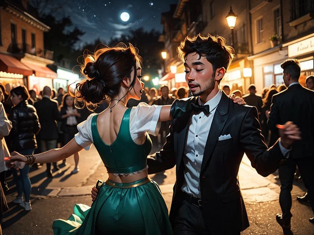 A beautiful woman dancing in the moonlight at an outdoor night ,