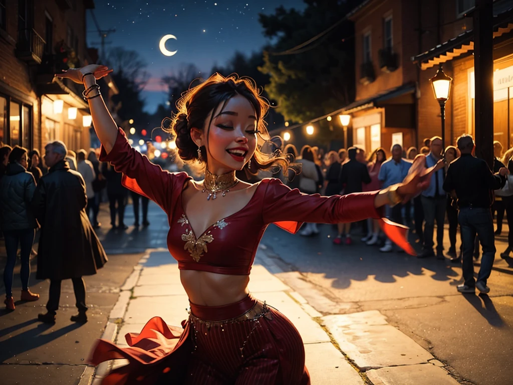 A beautiful woman dancing in the moonlight at an outdoor night ,