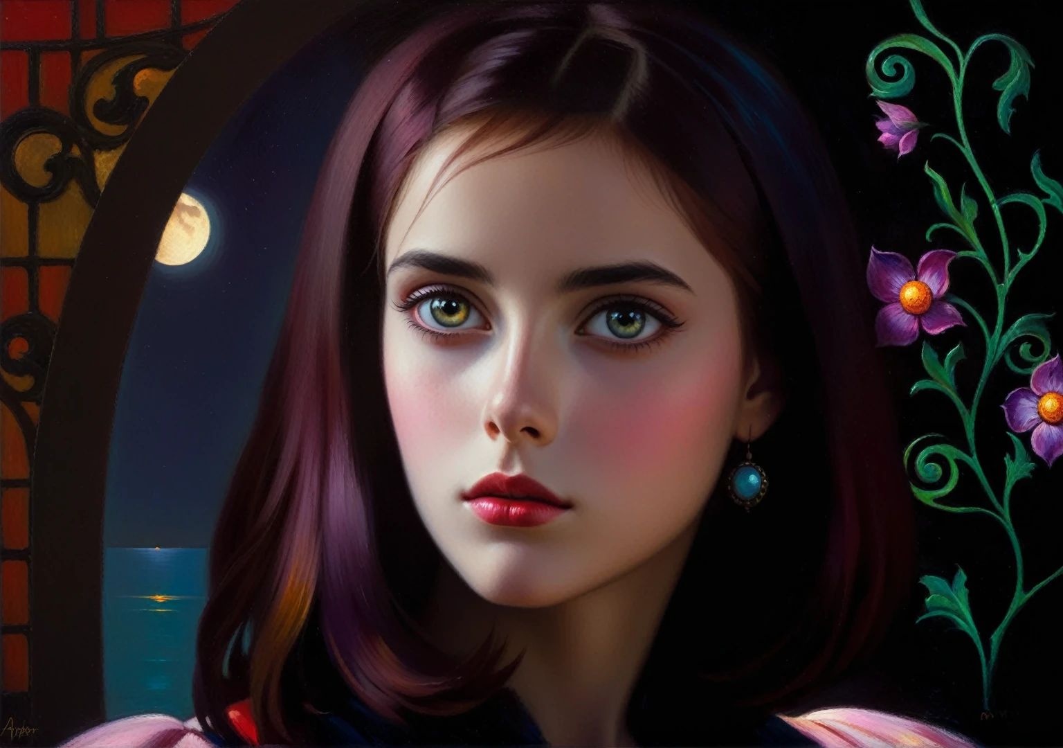 [(front portrait: pretty  girl  with big eyes and a short red bob)((Mordecai-Ardon style)))::20]/[background:landscape
 Baroque (moonlight sunset), style Rafael Santi], dark rainessance, crimson/liliac, very colorful,((oil painting)),((masterpiece)),single shot