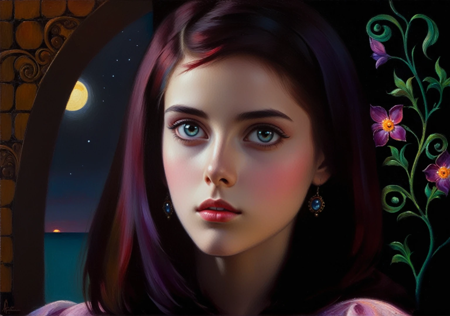[(front portrait: pretty teen girl  with big eyes and a short red bob)((Mordecai-Ardon style)))::20]/[background:landscape
 Baroque (moonlight sunset), style Rafael Santi], dark rainessance, crimson/liliac, very colorful,((oil painting)),((masterpiece)),single shot