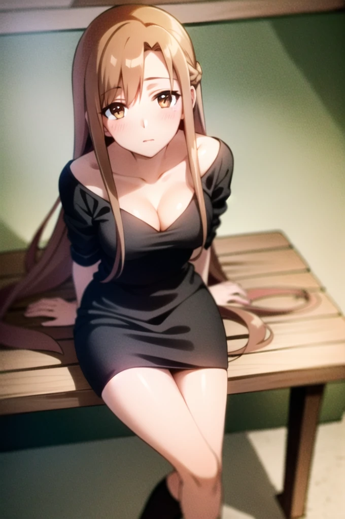 tall body, tall, long legs, mature female, mature, adult, simple background, indoors
 Eft_sao_asuna, 1girl, long hair, asuna (sao), brown hair, solo, brown eyes, looking at viewer, braid, very long hair, blush, shiny skin, cleavage, masterpiece, from above, looking at viewer, downblouse, sitting at bench