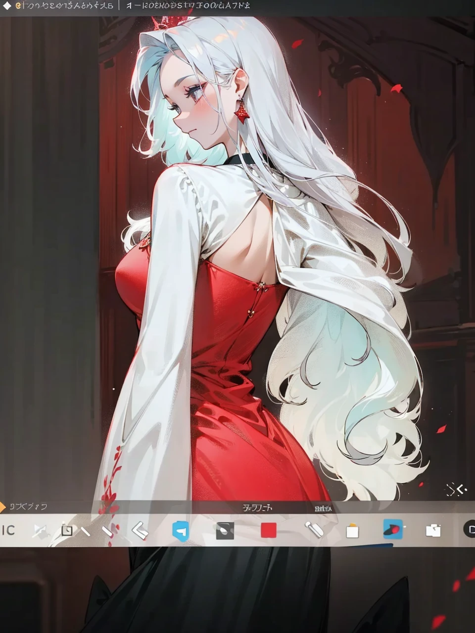 Add in roses to her dress, a good back dress design with some golden jewelry, make her dress into a red and white gown with a hat, give her some unique Jewelry, and make her look somewhat of a demonic angel like appearance to her