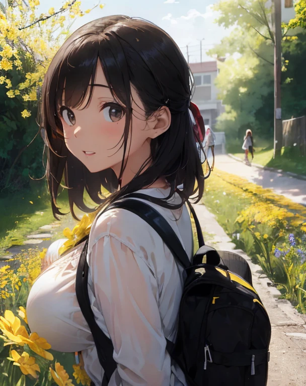 High resolution,Professional Lighting,Incredibly attractive girl with a backpack,Take an adorable puppy,Surrounded by beautiful yellow flowers and natural scenery、Enjoy a beautiful spring walk,Master Parts,Highest quality, (Happy:1.4)、、Sex、Sweaty、kiss、Breast milk、Pee、Sex,Big Breasts、Long black hair