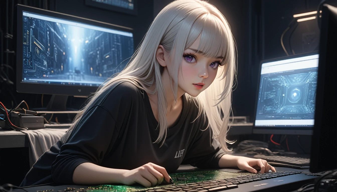 best quality, masterpiece, High resolution, A girl, white hair, purple eyes, black shirt Beautiful face, Tyndall effect, lifelike, Dark studio, Side light , Two-color light, ( With HD:1.2), 8k , Soft light, High Quality, Volumetric lighting, straight, High resolution, 8k, Circuit board, Depth of field, female hacker, computer.