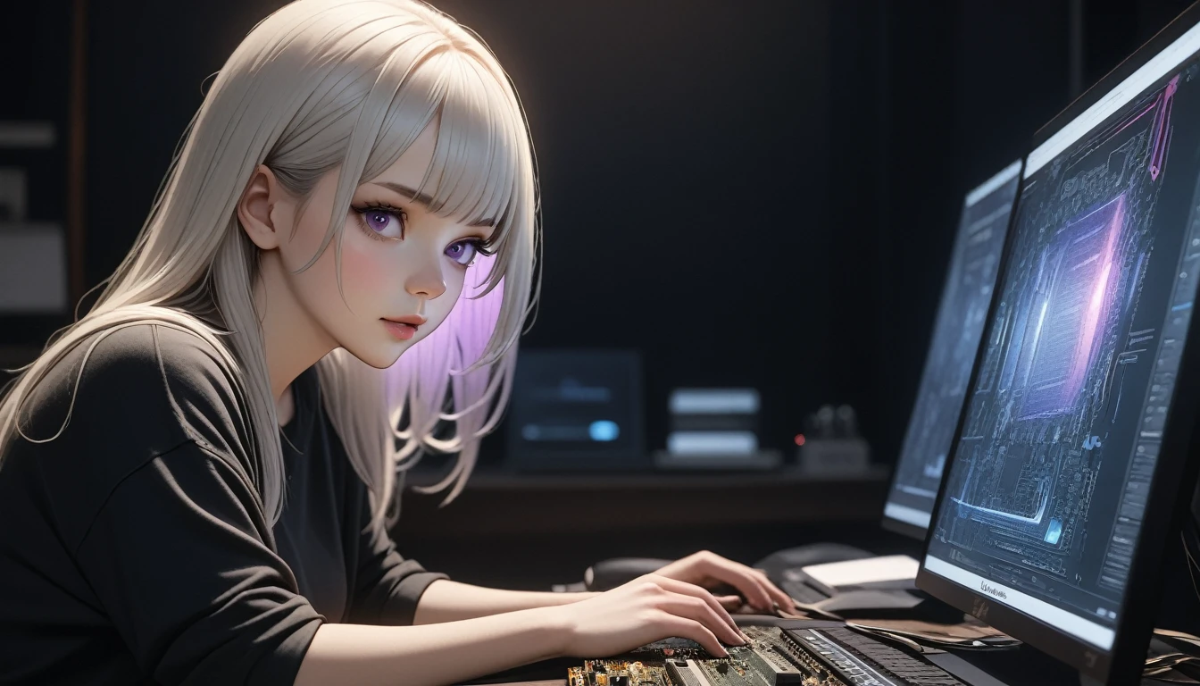 best quality, masterpiece, High resolution, A girl, white hair, purple eyes, black shirt Beautiful face, Tyndall effect, lifelike, Dark studio, Side light , Two-color light, ( With HD:1.2), 8k , Soft light, High Quality, Volumetric lighting, straight, High resolution, 8k, Circuit board, Depth of field, female hacker, computer.