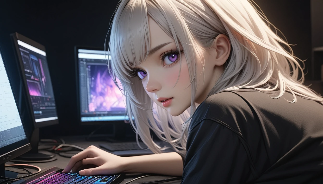 best quality, masterpiece, High resolution, A girl, white hair, purple eyes, black shirt Beautiful face, Tyndall effect, lifelike, Dark studio, Side light , Two-color light, ( With HD:1.2), 8k , Soft light, High Quality, Volumetric lighting, straight, High resolution, 8k, Circuit board, Depth of field, female hacker, computer.