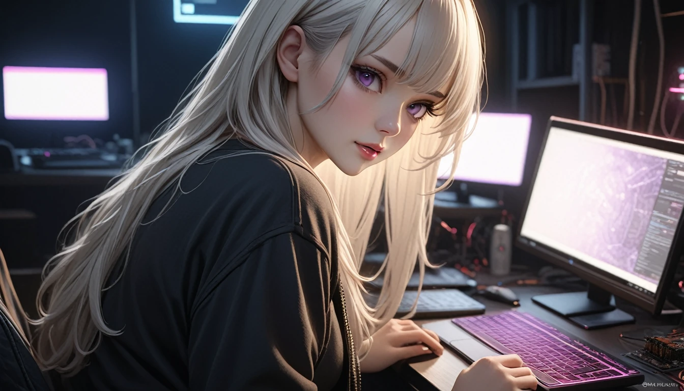 best quality, masterpiece, High resolution, A girl, white hair, purple eyes, black shirt Beautiful face, Tyndall effect, lifelike, Dark studio, Side light , Two-color light, ( With HD:1.2), 8k , Soft light, High Quality, Volumetric lighting, straight, High resolution, 8k, Circuit board, Depth of field, female hacker, computer.