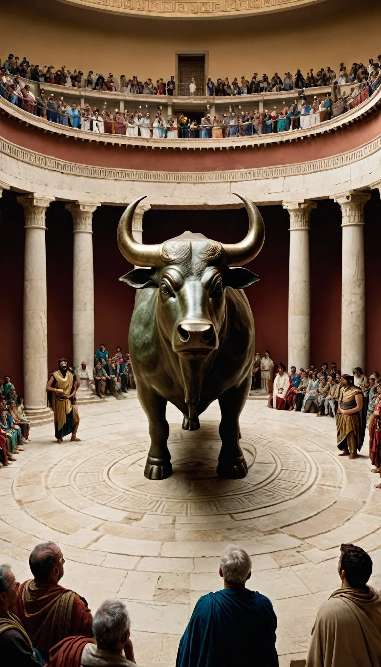 Image is a cinematic-style scene featuring a large, hollow bronze bull in a grand hall, surrounded by onlookers dressed in ancient Greek clothing.
