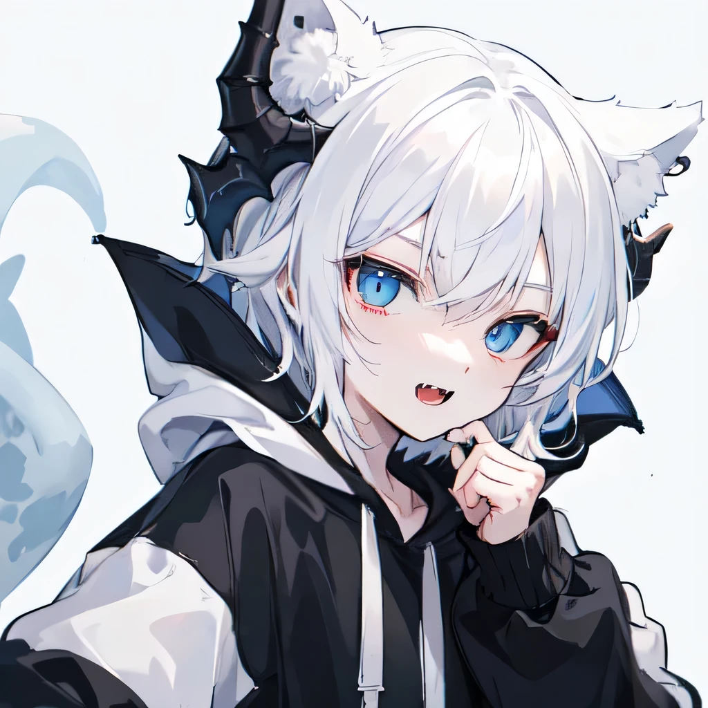 1Boy, Boyish, Catboy, Fangs Showing, Ultra-detailed Ice-colored Dragon Eyes, Eye-focus, Snow-White Hair, Head Shot, Cute Expression, Tight Hoodie, 2 gun, Plain Background