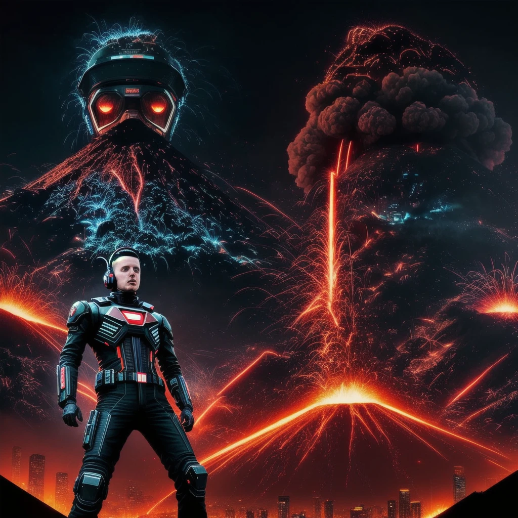 epic movie poster, volcano erupting, award winning (full body:1.3) portrait photo, beautifull cyberpunk design, amazing, perfect angle, city,  outrun, vaporware, trending on artstation, highly detailed, fine detail, intricate, (backlighting:0.9), (bloom:0.9), [Style-Micro::10]