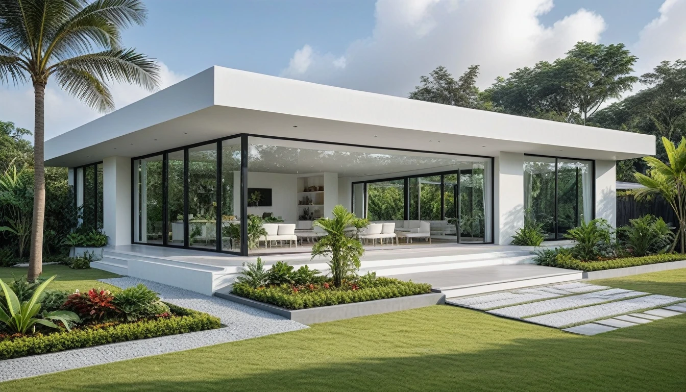 A hyper-realistic image of a modern one-story house with a minimalist design, featuring a combination of white and glass materials. The house has a flat roof, large floor-to-ceiling glass windows, and a spacious front yard. The garden includes various tropical plants and trees. (house as the showroom mini furniture:1.2)
