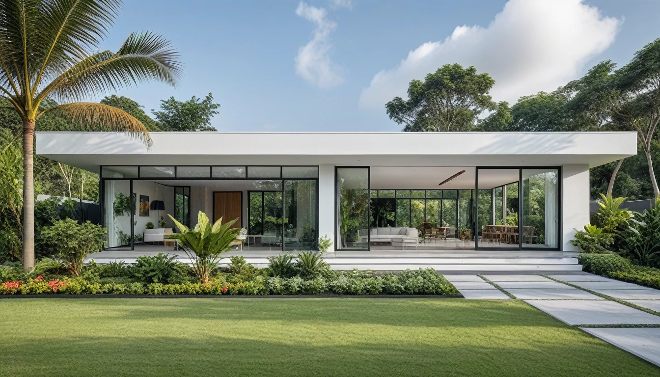 A hyper-realistic image of a modern one-story house with a minimalist design, featuring a combination of white and glass materials. The house has a flat roof, large floor-to-ceiling glass windows, and a spacious front yard. The garden includes various tropical plants and trees. (house as the showroom mini furniture:1.2)
