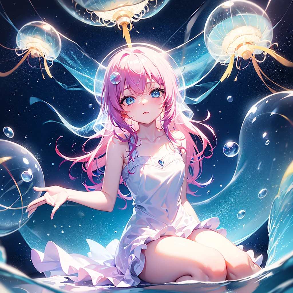 ((inside a big glass ball))(underwater) (floating bubbles) Under the sea ((fantastic starry sky )) (jellyfish) （Healing）((little))  (snow white dress)（sit）  The Little Mermaid   pink hair
 blue Eye