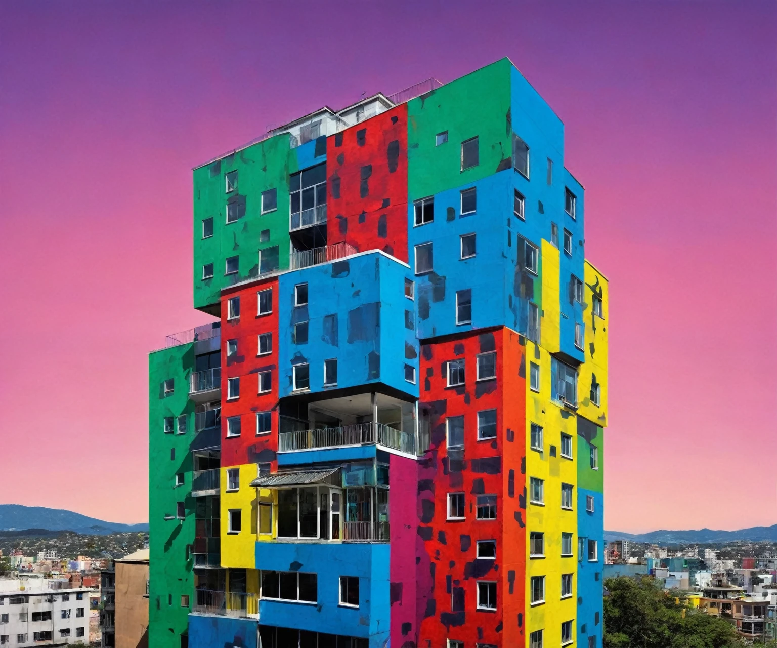 26. A pop art portrait capturing building in pulsing motion, emphasizing scars and conveying loneliness.
