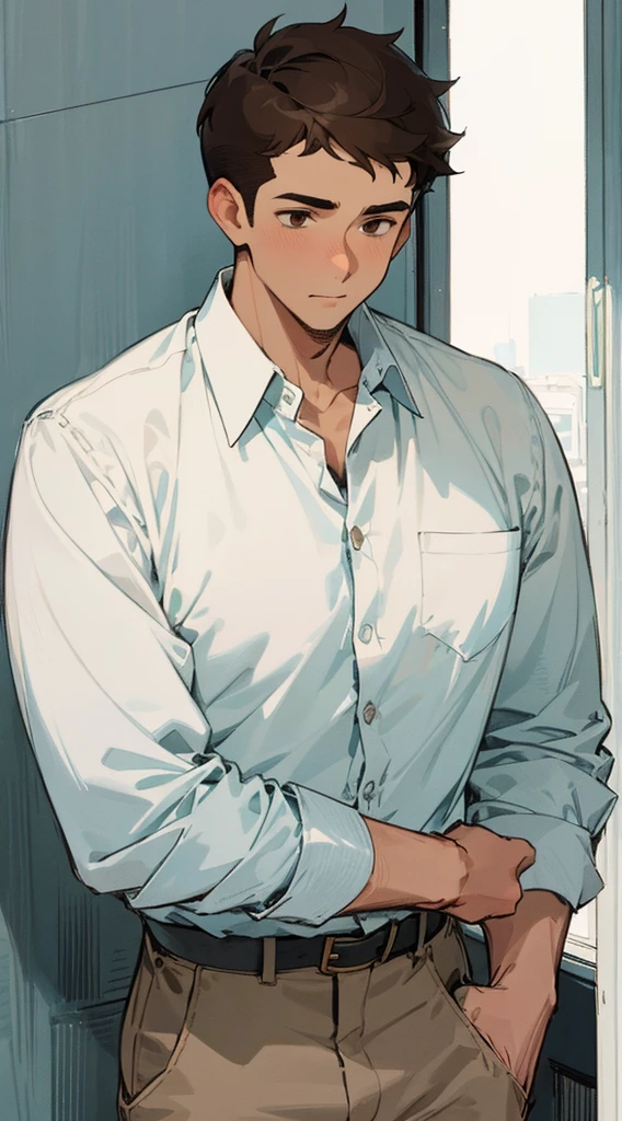 (masterpiece, best quality) detailed, 1Character , blue archive art style , pastel washed out colors , cell shade , soft, muted shades ,gentle colors ,
Fashion ad , wearing a collared shirt and khakis, urban environment, big city ,cute man , dark brown hair , very Short hair, ((crew cut hair style:1)) , brown eyes , light brown skin, ((muscular:1)), masculine, ,