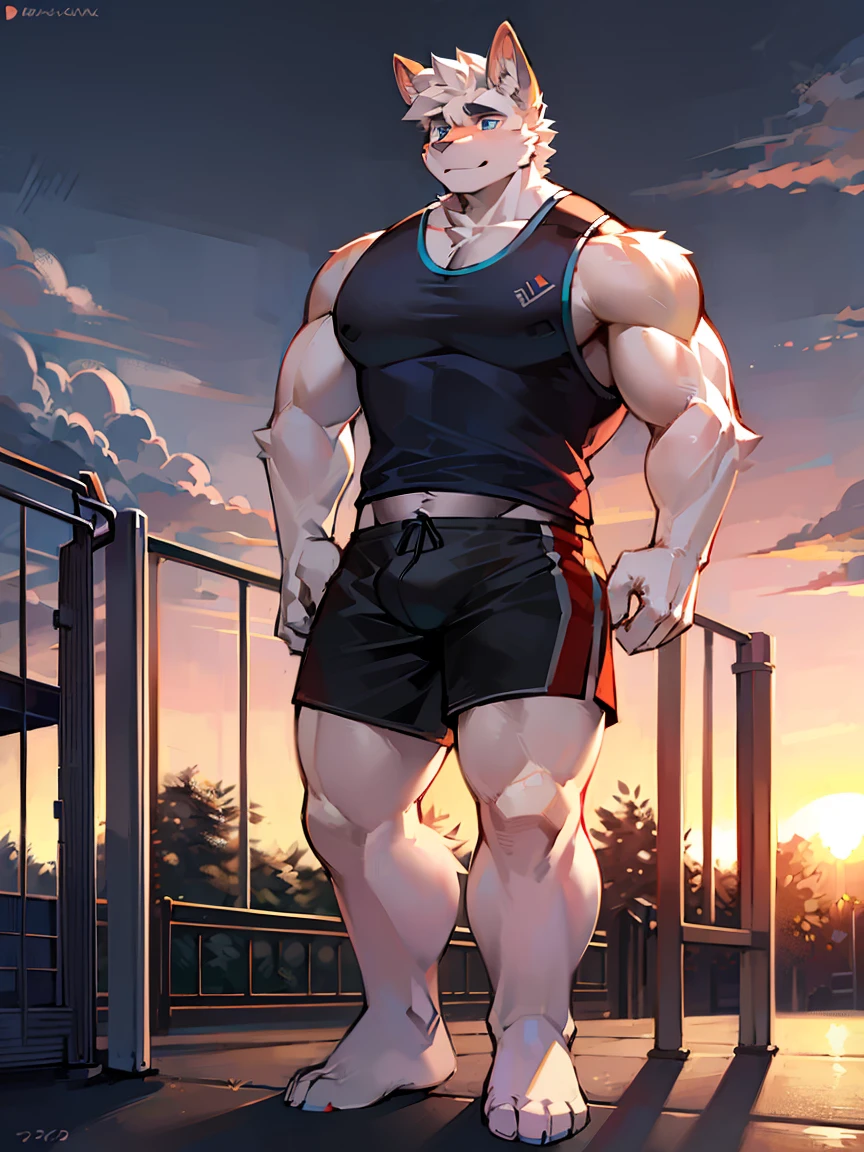 Rabbit Boy，tall and big，muscular，Long legs，Blue Eyes，shorts，Sports vest，playground，Sunset