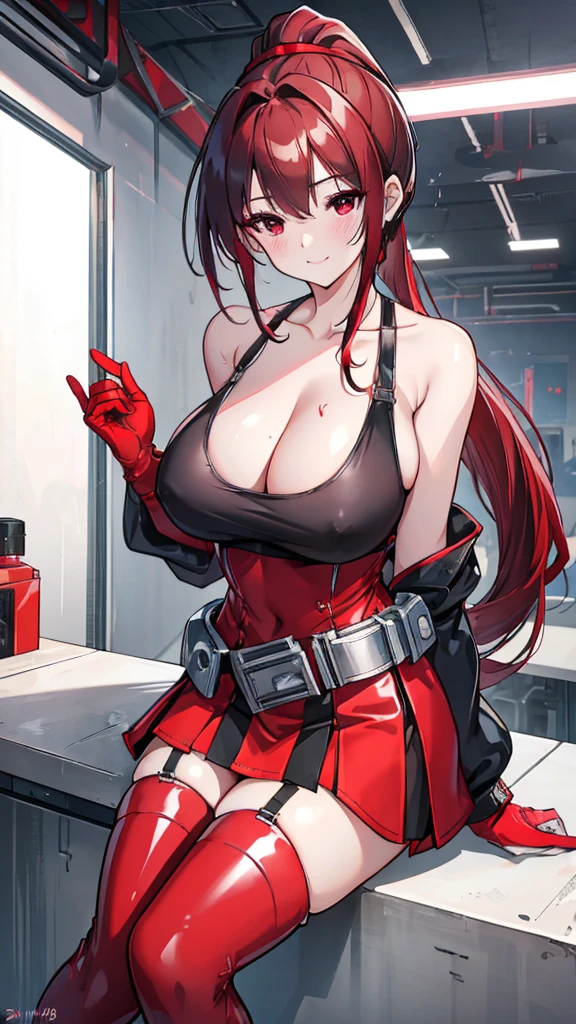 18 year old girl，baby face，dark red hair，Ponytail hairstyle，Zhangzui smile，Huge breasts，Cleavage，Transparent red sleeveless top，Leave space in the middle to reveal Cleavage，Soaked all over，blush，Red eyes，female spy，red miniskirt，White gloves，White hand sleeves，White boots，Science fiction，future，Inside the robot warehouse，robot driver，He has a pistol hanging from his waist，lipstick，Nipple showing，Metal belt around waist