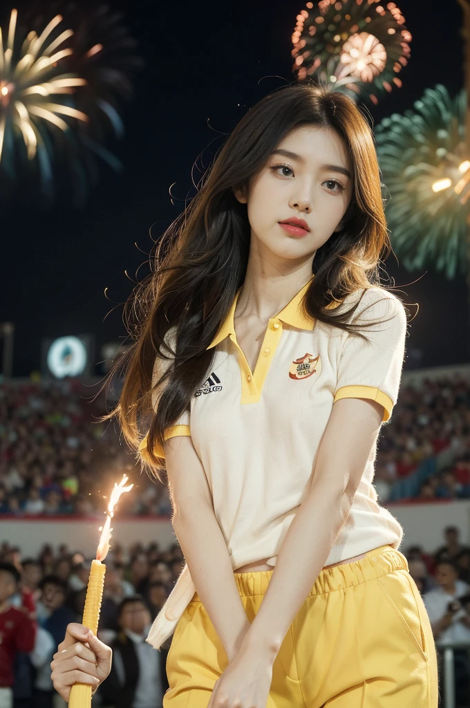 (((best quality))),(((ultra detailed))),(((masterpiece))),illustration, ((Olympic Opening Ceremony,in Paris,summer night,magnificent National stadium of France,Olympic torch lighting, fireworks)),(crowded crowds of enthusiastic spectators:1.3),((a beautiful Chinese girl,solo)),((shoulder length straight hair:1.2)),((slim,thin)),((small breasts,flat chest)),(((red short-sleeved collared polo shirt,yellow pants))), excited expression, awe, celebrating, electric atmosphere, sense of pride, excitement, playing field, crowd energy, unity, camaraderie, representing China, historic event, memorable moment,((from front,upper body))