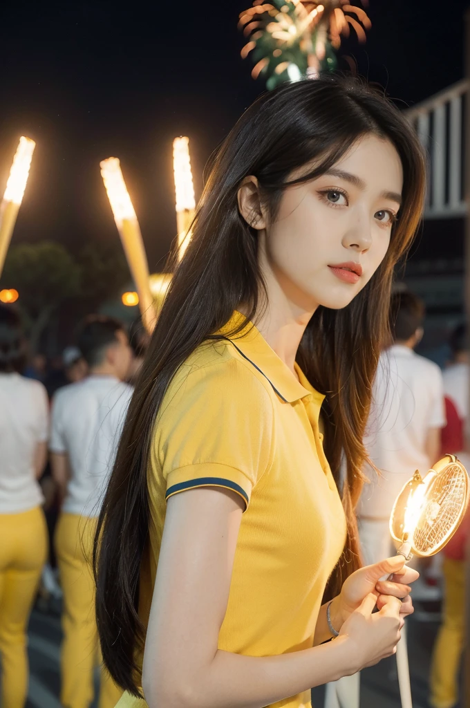 (((best quality))),(((ultra detailed))),(((masterpiece))),illustration, ((Olympic Opening Ceremony,in Paris,summer night,magnificent National stadium of France,Olympic torch lighting, fireworks)),(crowded crowds of enthusiastic spectators:1.3),((a beautiful Chinese girl,solo)),((shoulder length straight hair:1.2)),((slim,thin)),((small breasts,flat chest)),(((red short-sleeved collared polo shirt,yellow pants))), excited expression, awe, celebrating, electric atmosphere, sense of pride, excitement, playing field, crowd energy, unity, camaraderie, representing China, historic event, memorable moment,((from front,upper body))