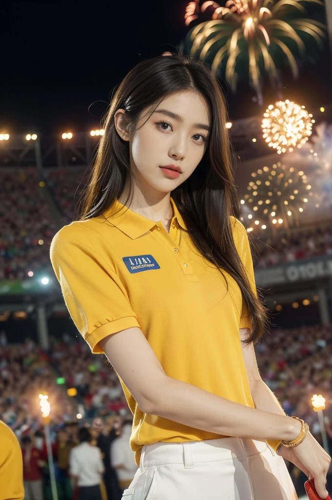 (((best quality))),(((ultra detailed))),(((masterpiece))),illustration, ((Olympic Opening Ceremony,in Paris,summer night,magnificent National stadium of France,Olympic torch lighting, fireworks)),(crowded crowds of enthusiastic spectators:1.3),((a beautiful Chinese girl,solo)),((shoulder length straight hair:1.2)),((slim,thin)),((small breasts,flat chest)),(((red short-sleeved collared polo shirt,yellow pants))), excited expression, awe, celebrating, electric atmosphere, sense of pride, excitement, playing field, crowd energy, unity, camaraderie, representing China, historic event, memorable moment,((from front,upper body))