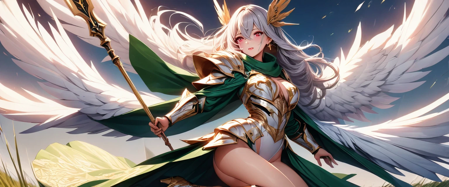 (Perfect Anatomy)、Mastepiece、Ultra High Quality、 8k、masterpiece、Highest quality、Ultra-high resolution、Maximum resolution、Very detailed、Professional Lighting、anime、woman、thin、Very beautiful face、Beautiful eyes、(Highly detailed eye)、Highly detailed face、White armor,Cross earrings,Gray Hair, hairs between eyes, Red eyes,White leotard、Gloss Lip、Pink Lips、Detailed armor patterns、grassland, full body, (((spear))), armored dress, hair accessory, gold pattern, big shoulder armor, high heels boots, green scarf, Conjuring wind with magic, Creating magical whirlwinds, Ass up
