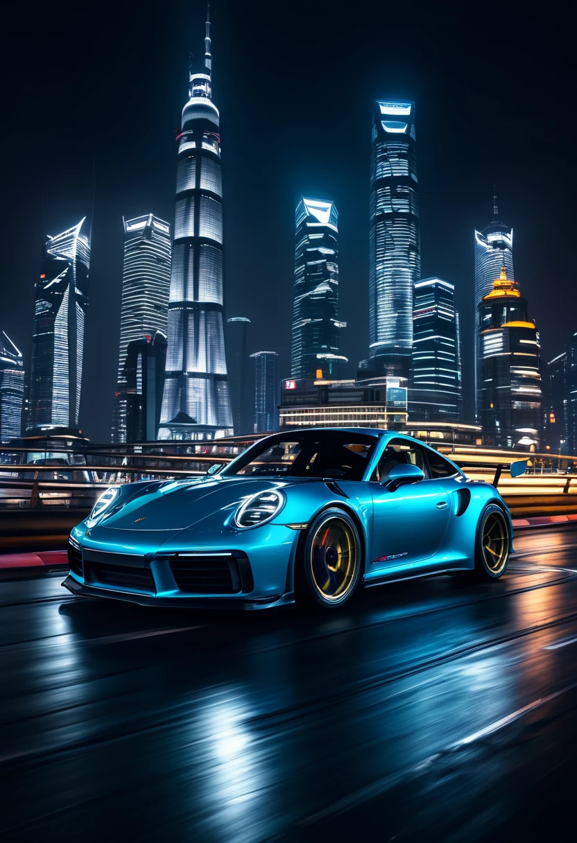 Realistic lighting, best qualtiy, 8K,porsche911,Drifting,Cyber style,The background is a night view of Shanghai,
