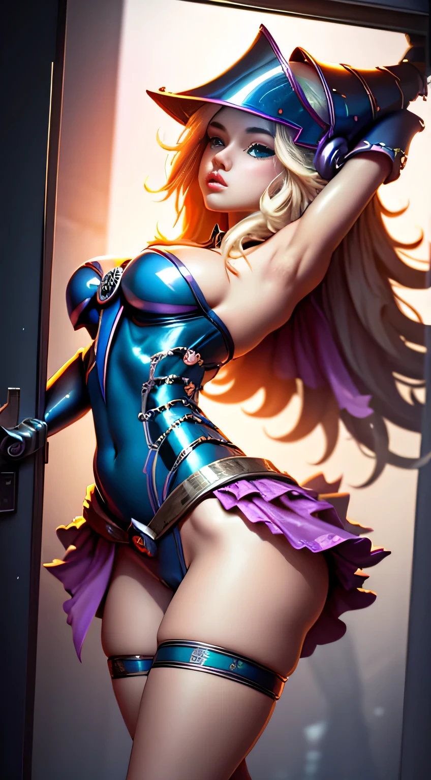 NSFW dark magician girl, glass cover, Upper part of the body, Side shot, Alternative color, Masterpiece, Detailed illustration, realist, Pixiv Top Quality, exquisite, {{{Cute 1dark magician girl}}}, Super beauty merging with the machine., Elaborate shabby chic pattern, Beautiful and bright woman, Half my body is made of machine., Transparent glass body, The inner machine is transparent., cinematic lighting, dynamic angle, dynamic pose, Crystal World, depth of field. Magic macaw at the bottom. magical hearts that show your body from head to toe 