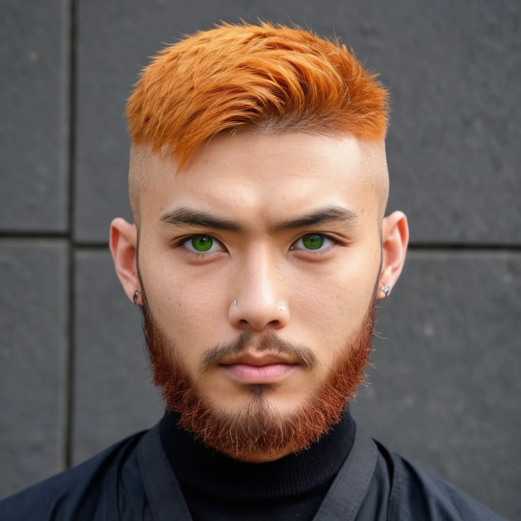 Handsome Scottish guy mix Japanese, Ainu, orange hair, green eyes, short hair with beard, buzzcut hair, 30 years old student, eye patch