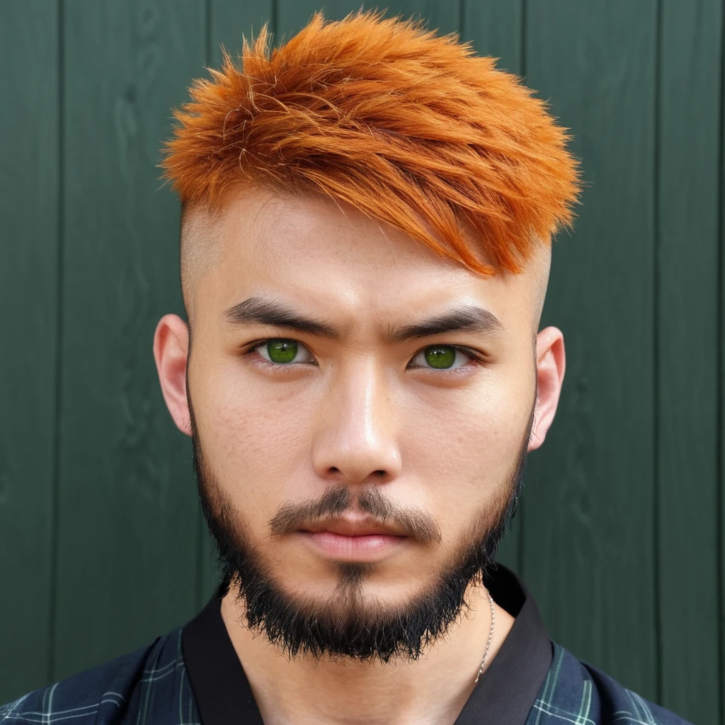 Handsome Scottish guy mix Japanese,  Ainu, orange hair, green eyes, short hair with beard, buzzcut hair,  30 years old student, eye patch