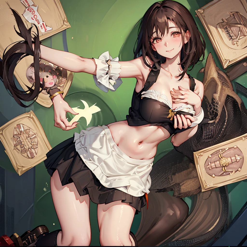Top quality, 1 beautiful woman, medium Hair, brown hair, wearing Bell-sleeve-sweater & dirndl skirt, nsfw, (breast squeeze:1.3), half-smile, Seductive pose, Skirt-Lift,(leaning forward:1.3), (hands on knees:1.3), Embroidered teddy and silk briefs