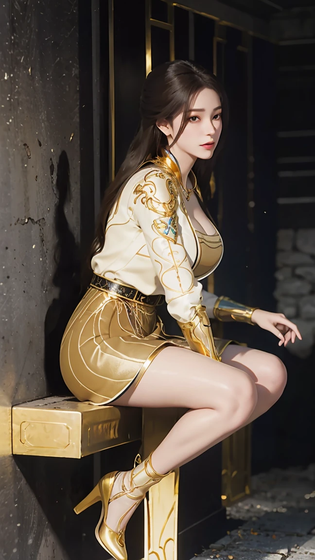 best quality,masterpiece,Final Solution,Fluffy,Colorful,Mature beautiful woman,Sitting against the wall,Long legs,Big breasts,Wearing pure gold high heels,In the bedroom,Wearing a golden hip skirt