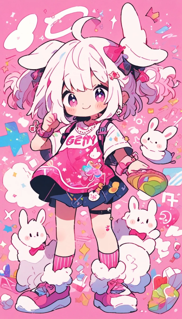 8K Masterpiece, Top quality, best quality, Official Art, (Beauty and aesthetics: 1.3), Extremely detailed, (Fractal Art: 1.3), White hair. Rabbit ears. boy. Lovely. Star. pink眼睛. Little Smile. Fluffy rabbit tail. boy. short hair，Dynamic poses.pink，