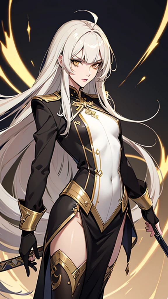 （lifelike， high - resolution：1.3）， 1 girl with a slender body， slender body, Super fine face and eyes，( golden color eyes), smokey look, handsome,  annoyed, ahoge, full lips,  tall girl,  pale skin, dark makeup, shiny skin， blunt bangs, (very long white hair), (ebony armor, suit jacket, ,   gold trim)，small breasts,, ( intricate curved sword, gold trim) , wielding sword, shiny skin, narrow hips, skinny, flat chest

