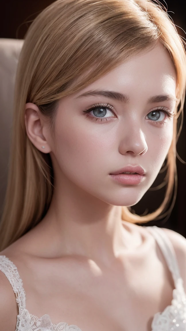 beautiful detailed eyes, beautiful detailed lips, extremely detailed eyes and face, longeyelashes, 1girl, sitting on a chair, 15 years old, adorable, cute, innocent, , porcelain skin, (best quality,4k,8k,highres,masterpiece:1.2),ultra-detailed,(realistic,photorealistic,photo-realistic:1.37), studio lighting, hyper detailed, intricate details, delicate, soft lighting, warm colors, pastel colors