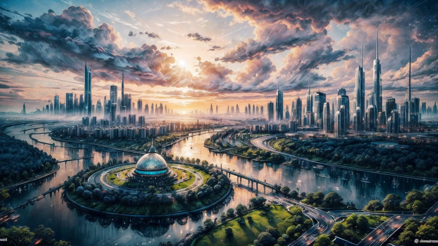 (Best quality,4K,8K,A high resolution,Masterpiece:1.2),Ultra-detailed,(Realistic,Photorealistic,photo-realistic:1.37),Futuristic floating city,Futuristic technology,Huge urban high-tech tablet platform,Airship,Floating in the sky,Futuristic city,Small airships around,High-tech hemispherical platform,Colorful lights,Advanced architecture,modernn architecture,skyscrapper,Access the cloud,Scenic beauty,view over city,Impressive design,Blend seamlessly with nature,energetic and vibrant atmosphere,Futuristic transportation system,Parking is suspended,Transparent path,Lush greenery,Sky gardens,cascading waterfalls,Magnificent skyline,reflections on the water,Sparkling river,Architectural innovation,futuristic skyscrapers,Transparent dome,The shape of the building is unusual,Elevated walkway,Impressive skyline,Glowing lights,Futuristic technology,Minimalist design,Scenic spots,Panoramic view,Cloud Piercing Tower,Vibrant colors,epic sunrise,epic sunset,Dazzling light display,magical ambiance,The future city,Urban Utopia,LuxuryLifestyle,Innovative energy,sustainable development,Smart city technology,Advanced infrastructure,Tranquil atmosphere,Nature and technology live in harmony,Awesome cityscape,Unprecedented urban planning,Architecture connects seamlessly with nature,High-tech metropolis,A cutting-edge engineering marvel,The future of urban living,Visionary architectural concept,Energy-efficient buildings,Harmony with the environment,A city floating above the clouds,Utopian dreams become reality,The possibilities are endless,State-of-the-art transportation network,Green energy integration,Innovative materials,Impressive holographic display,Advanced communication system,Breathtaking aerial view,Quiet and peaceful environment,Modernist aesthetics,Ethereal beauty