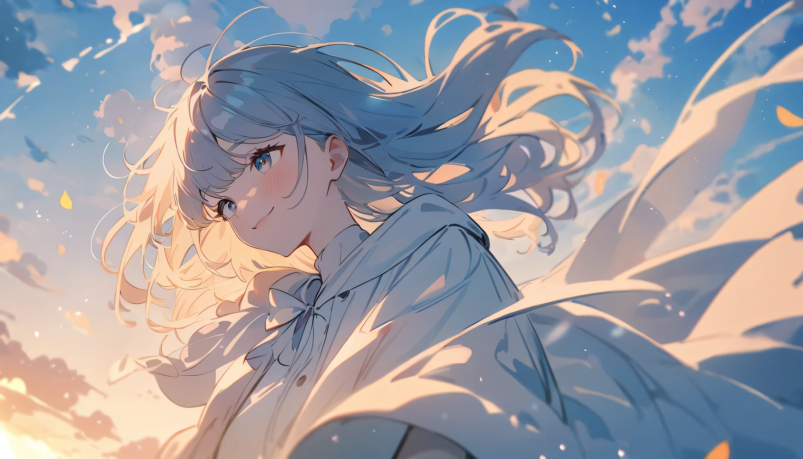 masterpiece, Highest quality, Movie stills, 1 Girl, Cloud Girl,Two Girls , Floating in the sky, close, bright, smile, Warm and soft lighting, blue sky, (spark:0.7)