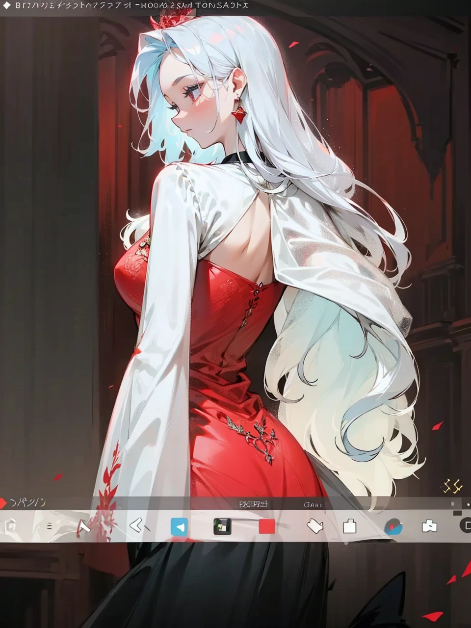 Add in roses to her dress, a good back dress design with some golden jewelry, make her dress into a red and white gown with a hat, give her some unique Jewelry, and make her look somewhat of a demonic angel like appearance to her