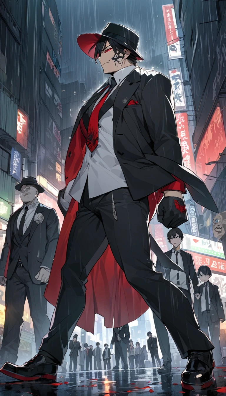 Masterpiece, Anime, Hefty boy, Handsome boy, cool boy, anime: Tokyo ghoul, fanfiction, ghoul, fedora hat, black hair, red eyes, white smile mask, white shirt, black suits, black tie, black gloves, black long pants, black shoes, wristwacth, Heavy rain, ruined city background, blood, Kakuja, (kagune: Ukaku, Kakaku, Rinkaku, Bikaku)
