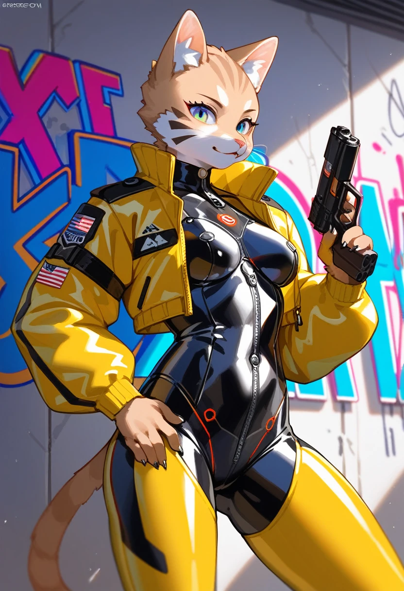 animation, Highest quality, Highest quality, High quality illustrations, masterpiece, Ultra-high resolution, Detailed Background, cyber cafe, Graffiti art on the wall, Absurd, Perfect Anatomy, performance, Good lighting, Shadows in the movies(kemono, Furry PersonifiCation), Cat, Blueskin, Yellow Rubber Suit, latex, neon, neonライト, neonカラー, Bodysuits, Cyber Suit, Mech Suit, Rubber Half Jacket, cyber punk, Holding a gun, Yellow Shadow