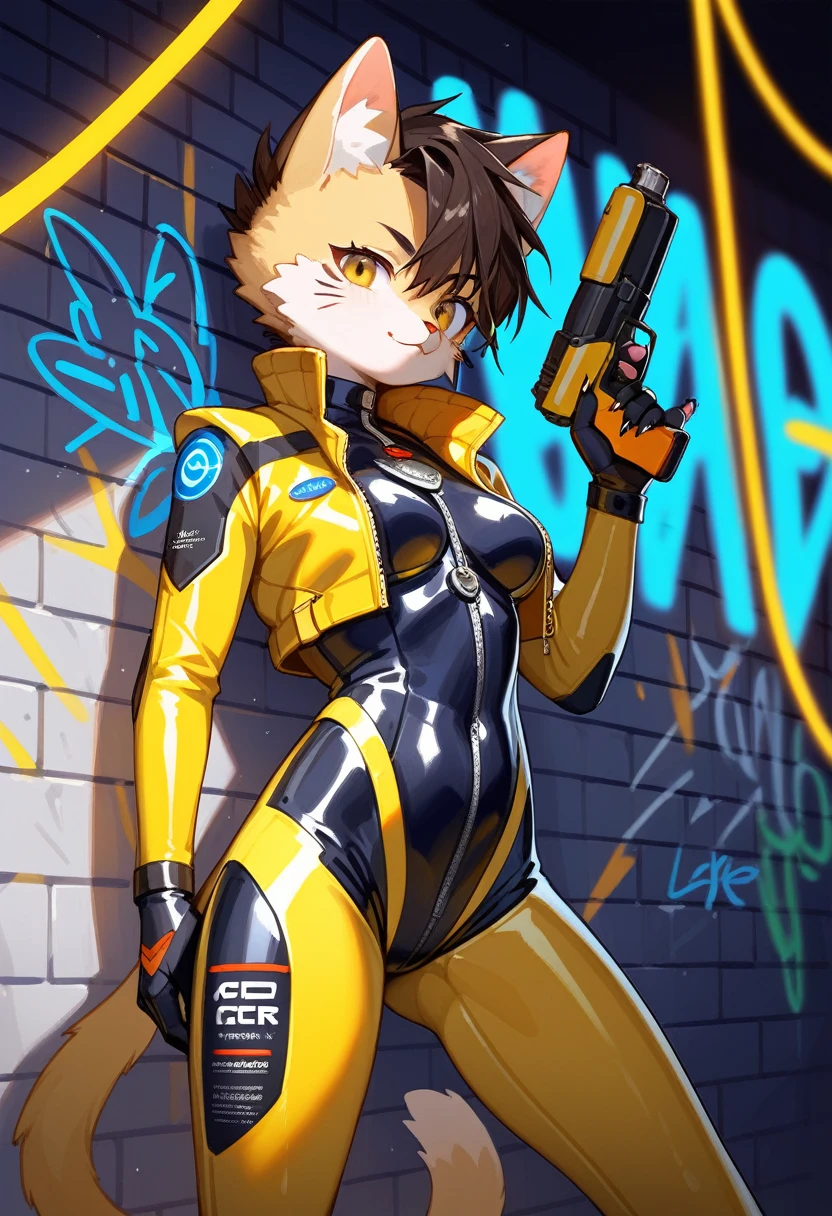 animation, Highest quality, Highest quality, High quality illustrations, masterpiece, Ultra-high resolution, Detailed Background, cyber cafe, Graffiti art on the wall, Absurd, Perfect Anatomy, performance, Good lighting, Shadows in the movies(kemono, Furry PersonifiCation), Cat, Blueskin, Yellow Rubber Suit, latex, neon, neonライト, neonカラー, Bodysuits, Cyber Suit, Mech Suit, Rubber Half Jacket, cyber punk, Holding a gun, Yellow Shadow