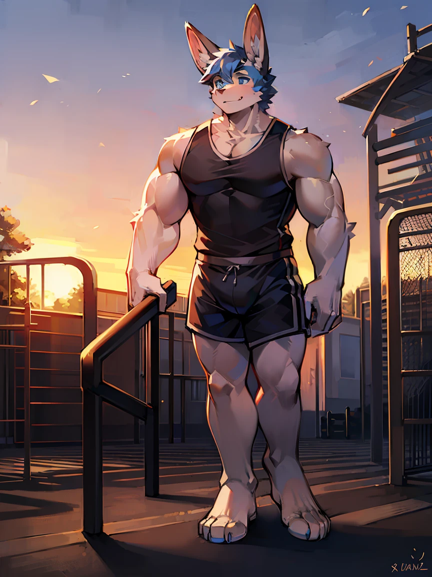 Rabbit Boy,tall and big,muscular,Long legs,Blue Eyes,shorts,Sports vest,playground,Sunset