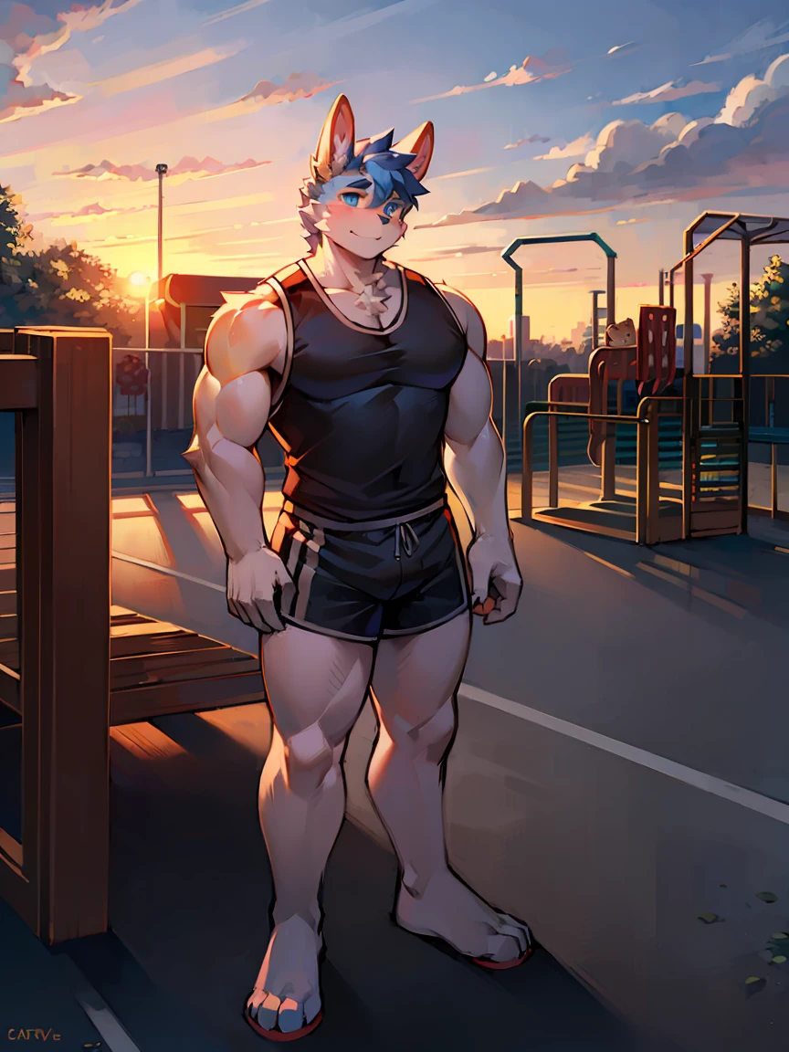 Rabbit Boy,tall and big,muscular,Long legs,Blue Eyes,shorts,Sports vest,playground,Sunset