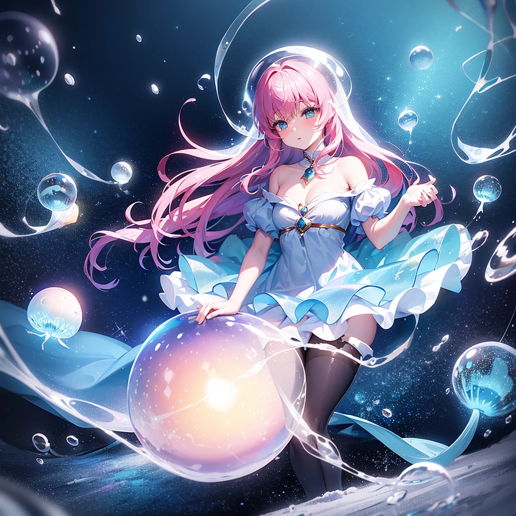 ((inside a big glass ball))(underwater) (floating bubbles) Under the sea ((fantastic starry sky )) (jellyfish) (Healing)((little)) (snow white dress)(sit) The Little Mermaid pink hair
blue Eye 爆乳
