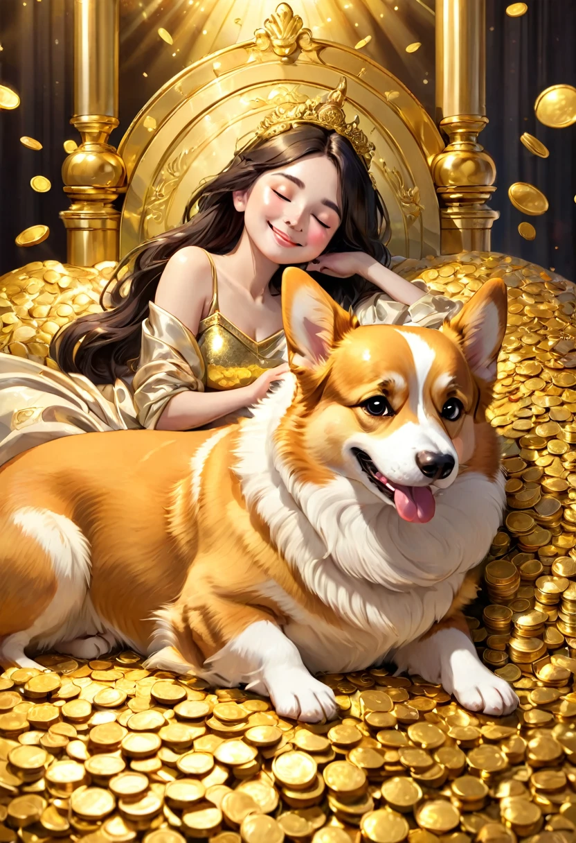 Princess and corgi sleeping on a gold bed, calm expression, smile, close eyes, surrounded by gold coins, full of money, perfect face, perfect body, stacked with gold coins, fine grains of light