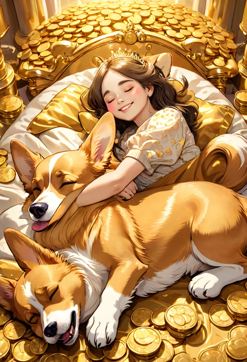 Princess and corgi sleeping on a gold bed, calm expression, smile, close eyes, surrounded by gold coins, full of money, perfect face, perfect body, stacked with gold coins, fine grains of light