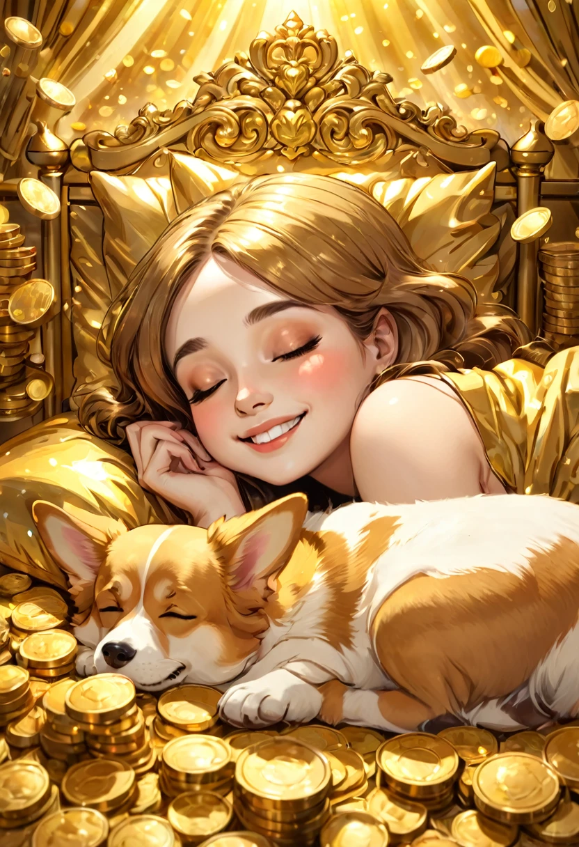 Princess and corgi sleeping on a gold bed, calm expression, smile, close eyes, surrounded by gold coins, full of money, perfect face, perfect body, stacked with gold coins, fine grains of light
