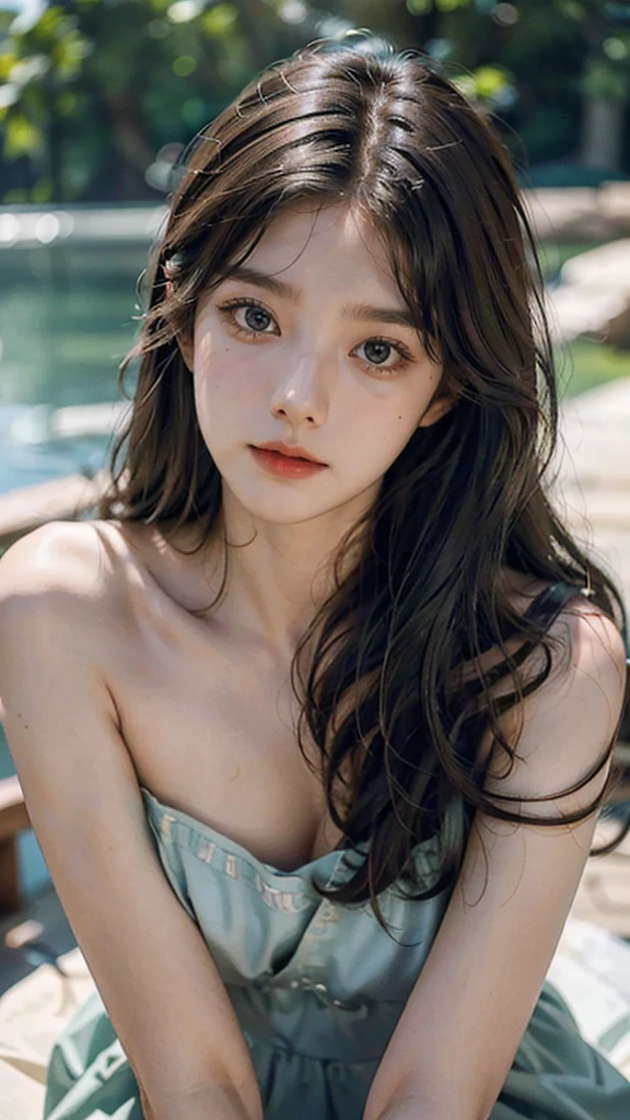 film portrait photography, 1girl, bare shoulders, wavy shoulder-length hair, serene, calm, (realistic detailed eyes, natural skin texture, realistic face details), soft dramatic lighting, depth of field, bokeh, vibrant details, finely detailed, hyperrealistic, 35mm film, hazy blur, filmg,