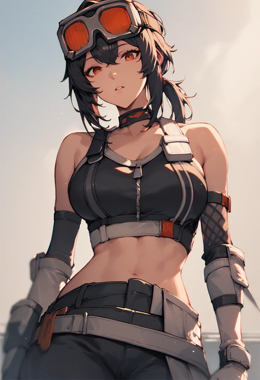 score_9, score_8, score_8_up, gracehd-ponyxl, 1girl, black choker, black gloves, white gloves, black pants, black sports bra, elbow gloves, goggles on head, looking at viewer, low ponytail, medium breasts, parted lips, white gloves, zipper, belt