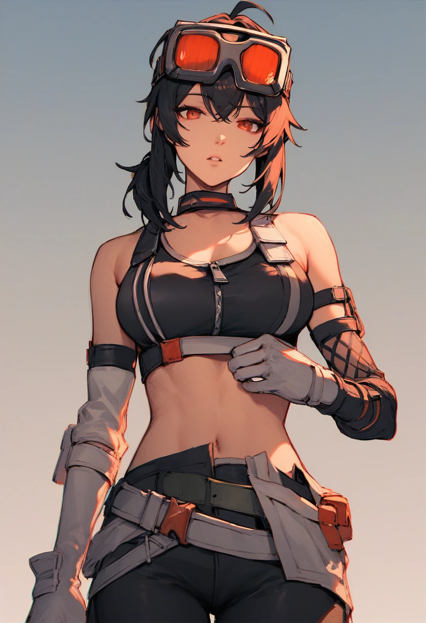 score_9, score_8, score_8_up, gracehd-ponyxl, 1girl, black choker, black gloves, white gloves, black pants, black sports bra, elbow gloves, goggles on head, looking at viewer, low ponytail, medium breasts, parted lips, white gloves, zipper, belt