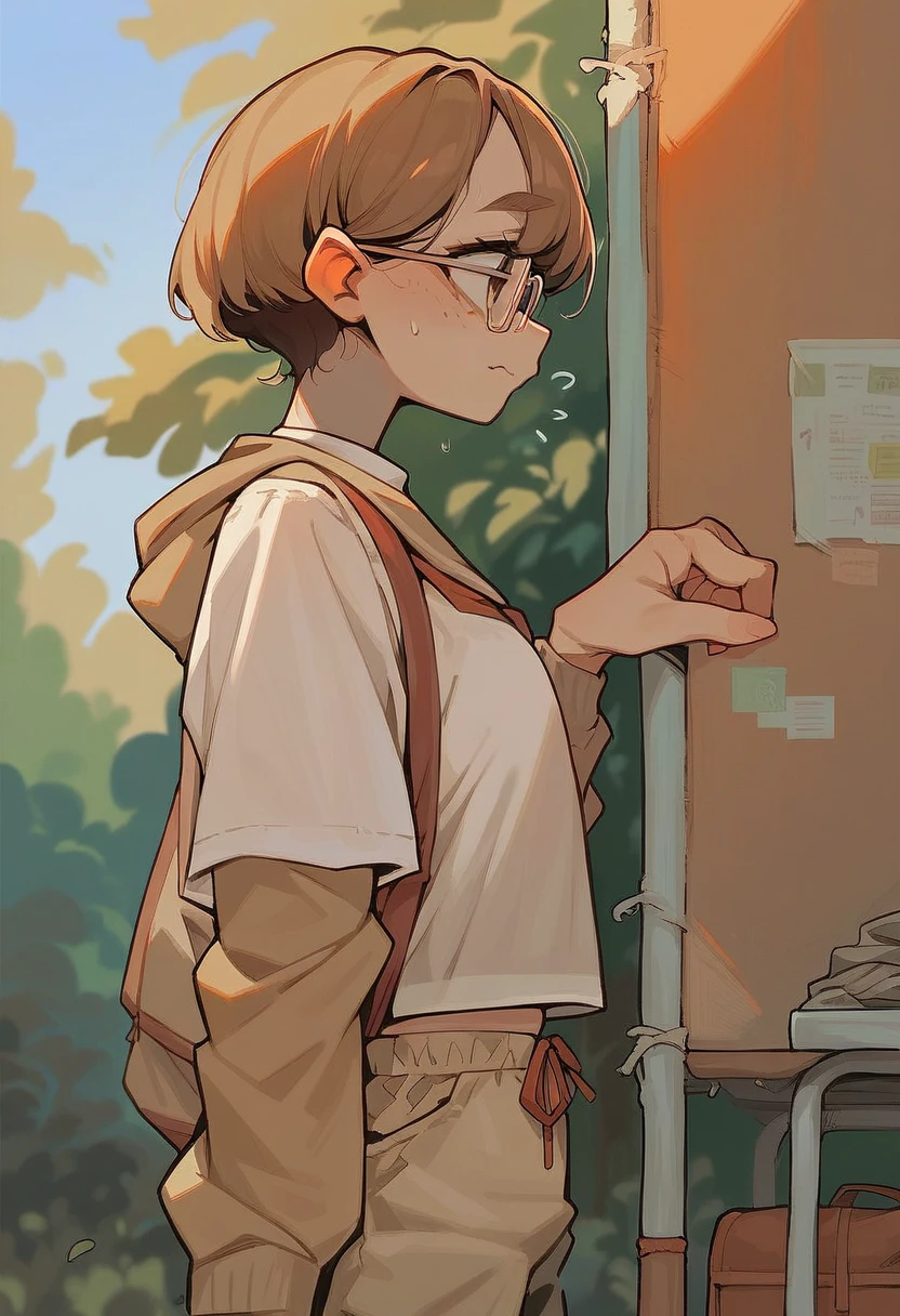 1girl, european girl, long light-brown hair, cute face, embarrassment, outdoor clothes, glasses, standing, school camp, school, source_anime, deatiling panting, brown eyes, detailing body, side view